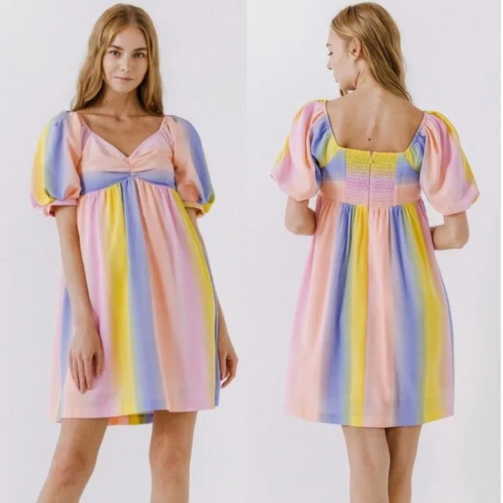 English Factory Women's Rainbow Striped Puff‎ Sleeve Babydoll Dress Size Medium